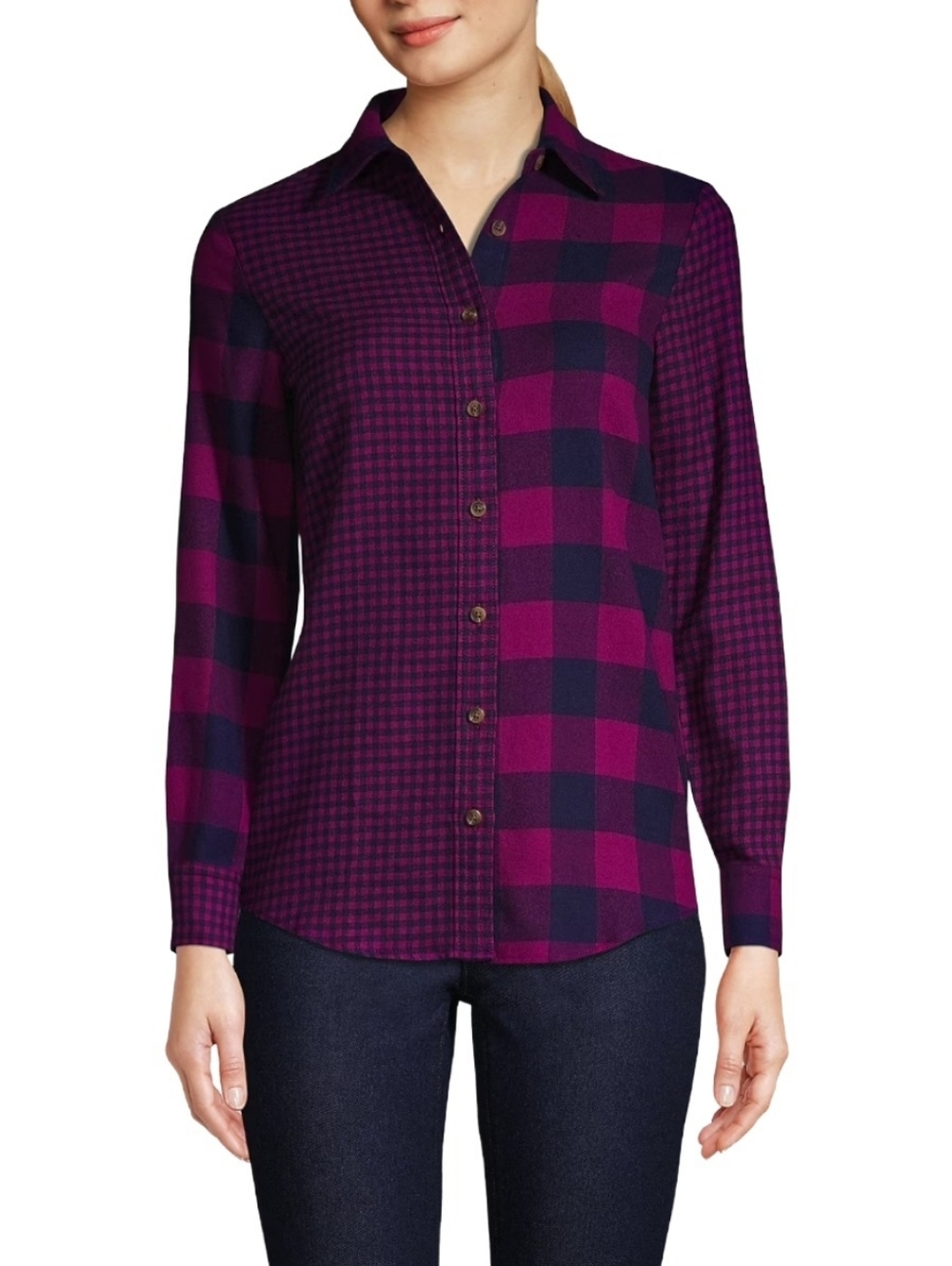 Lands' End Women's Flannel Boyfriend Fit Long Sleeve Purple Navy Shirt (XL)